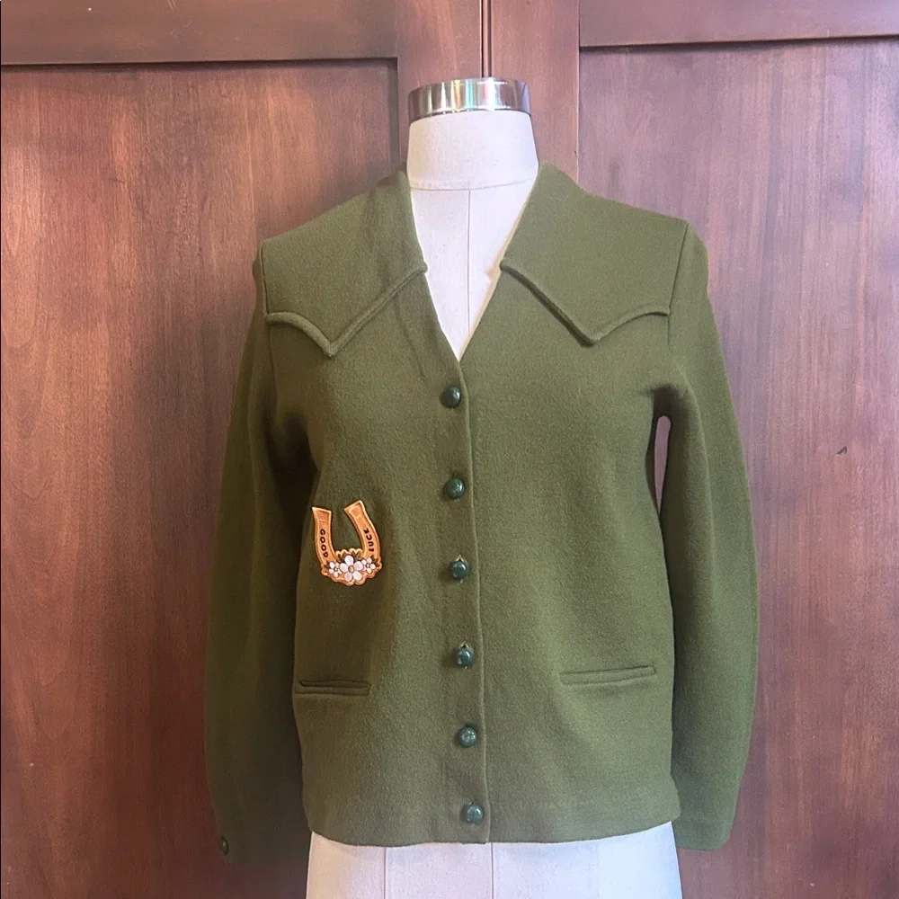 50s Olive Green Lucky Western Cardigan - Picture 2 of 8